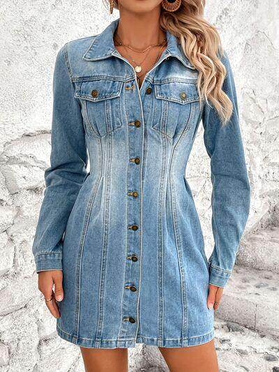 Pocketed Button Up Long Sleeve Denim Dress for Women-2