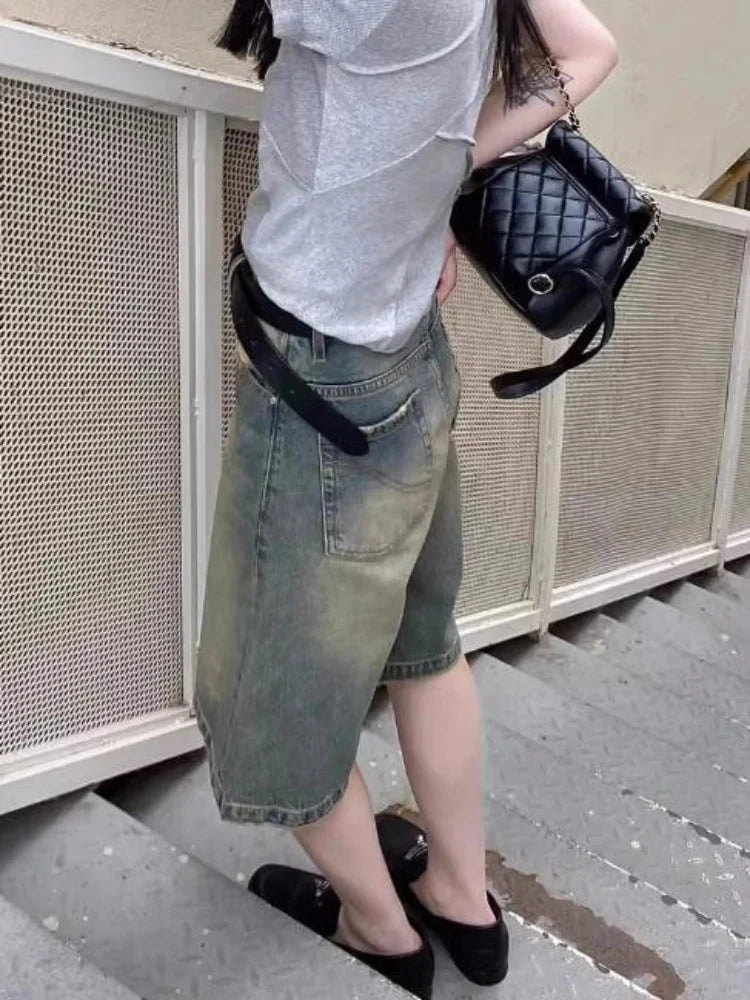 S-4XL Denim Shorts Women Chic Leisure Streetwear High Waist Korean Style Summer Knee Simple Comfortable Students Clothing New-2