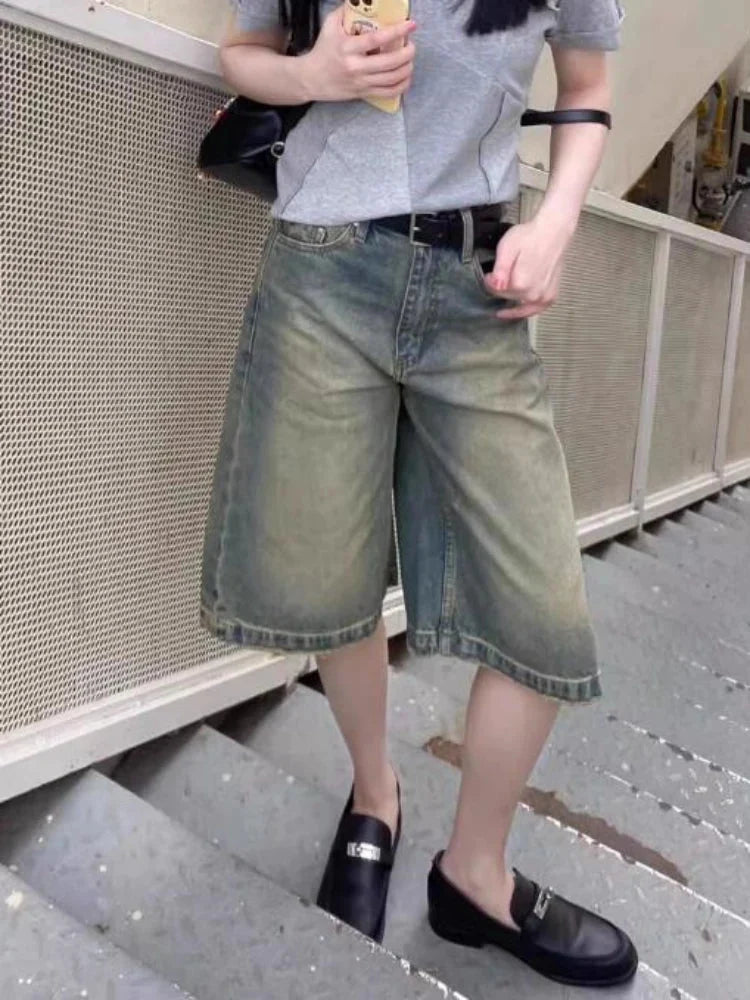 S-4XL Denim Shorts Women Chic Leisure Streetwear High Waist Korean Style Summer Knee Simple Comfortable Students Clothing New-1