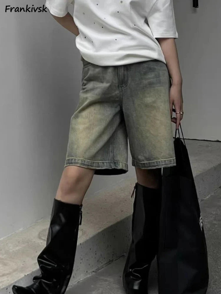 S-4XL Denim Shorts Women Chic Leisure Streetwear High Waist Korean Style Summer Knee Simple Comfortable Students Clothing New-0