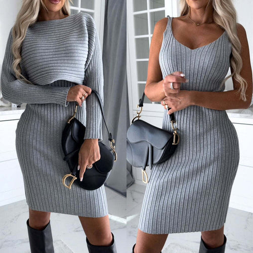 2pcs Suit Women's Solid Stripe Long-sleeved Top And Tight Suspender Skirt Fashion Autumn Winter Slim Clothing-0