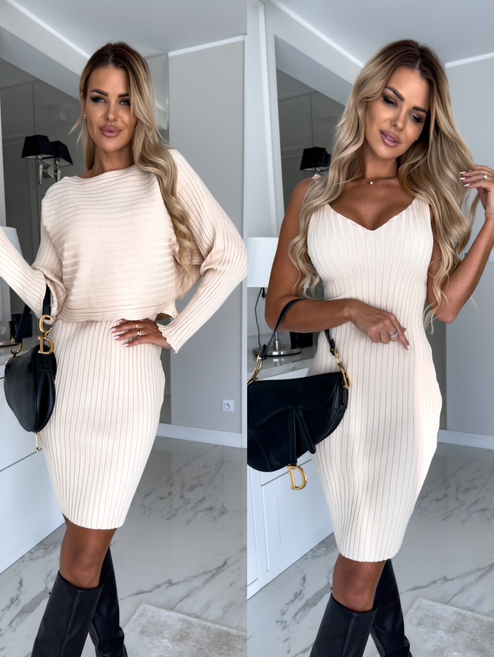2pcs Suit Women's Solid Stripe Long-sleeved Top And Tight Suspender Skirt Fashion Autumn Winter Slim Clothing-5
